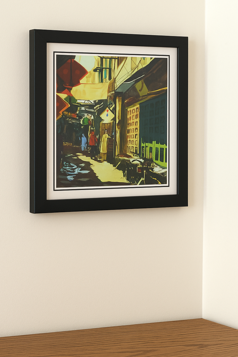 Framed photo print of colorful old Pakistani neighborhood with kite, man, and bike. Compact 8.5 x 8.5 inch wall art in wooden frame.