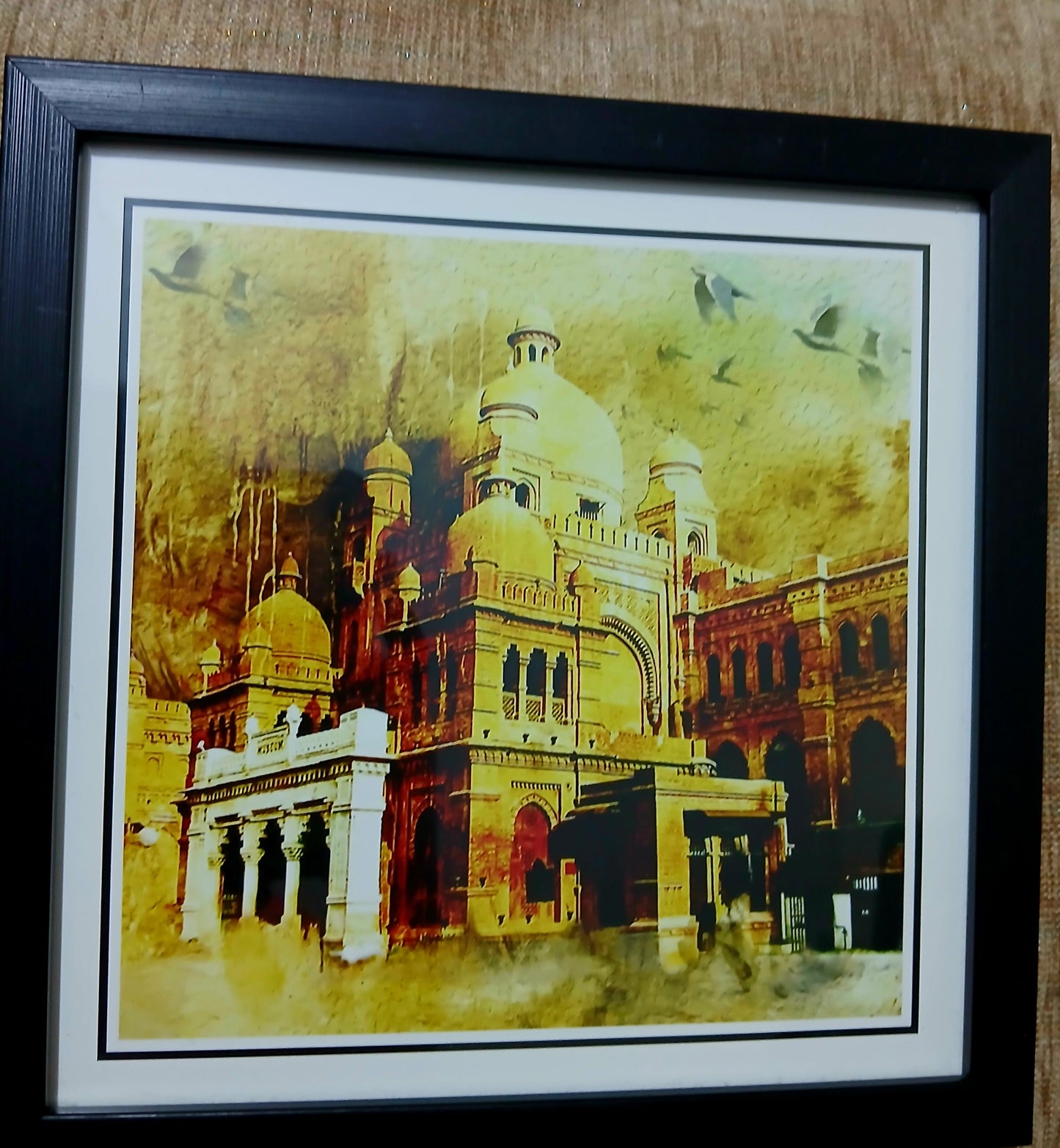 Framed photo print of a historic yellow mosque, compact 8.5 x 8.5 inch wall art in a wooden frame.