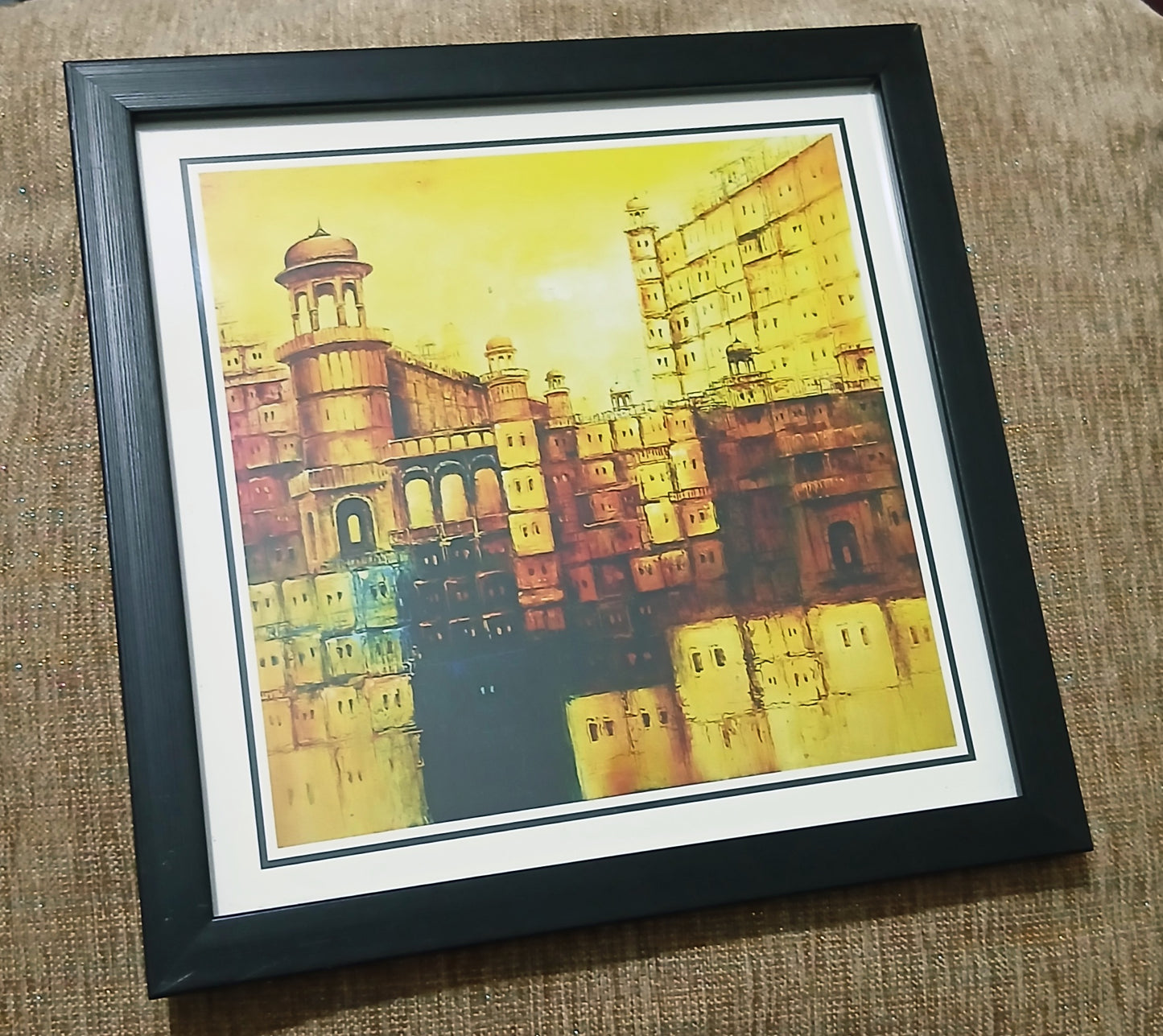 Framed photo print of historic old yellow buildings, compact 8.5 x 8.5 inch wall art in a wooden frame.