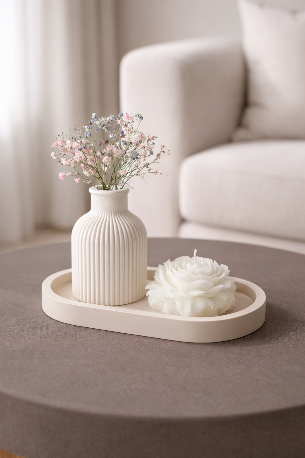 Luxury mini home décor set with vase, oval tray and floral candle – elegant table decoration set