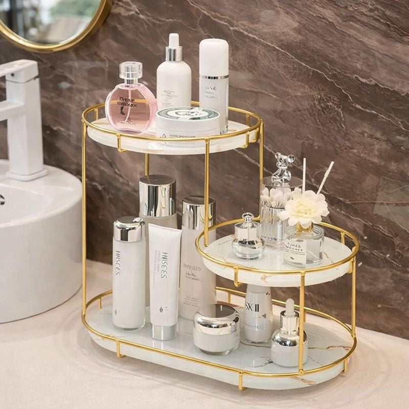 Cosmetic organizer with skincare products on a marble countertop