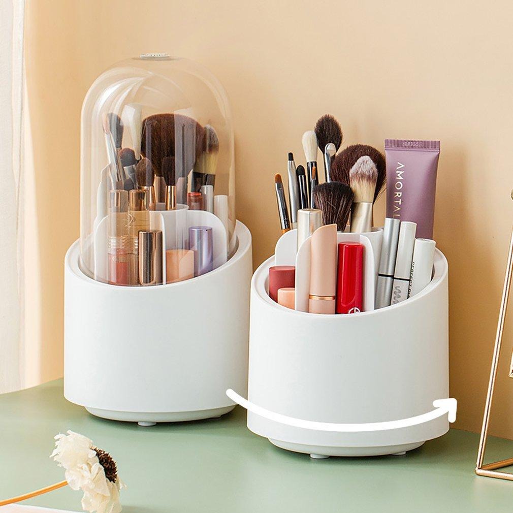 360° rotating makeup brush organizer storage box on dressing table