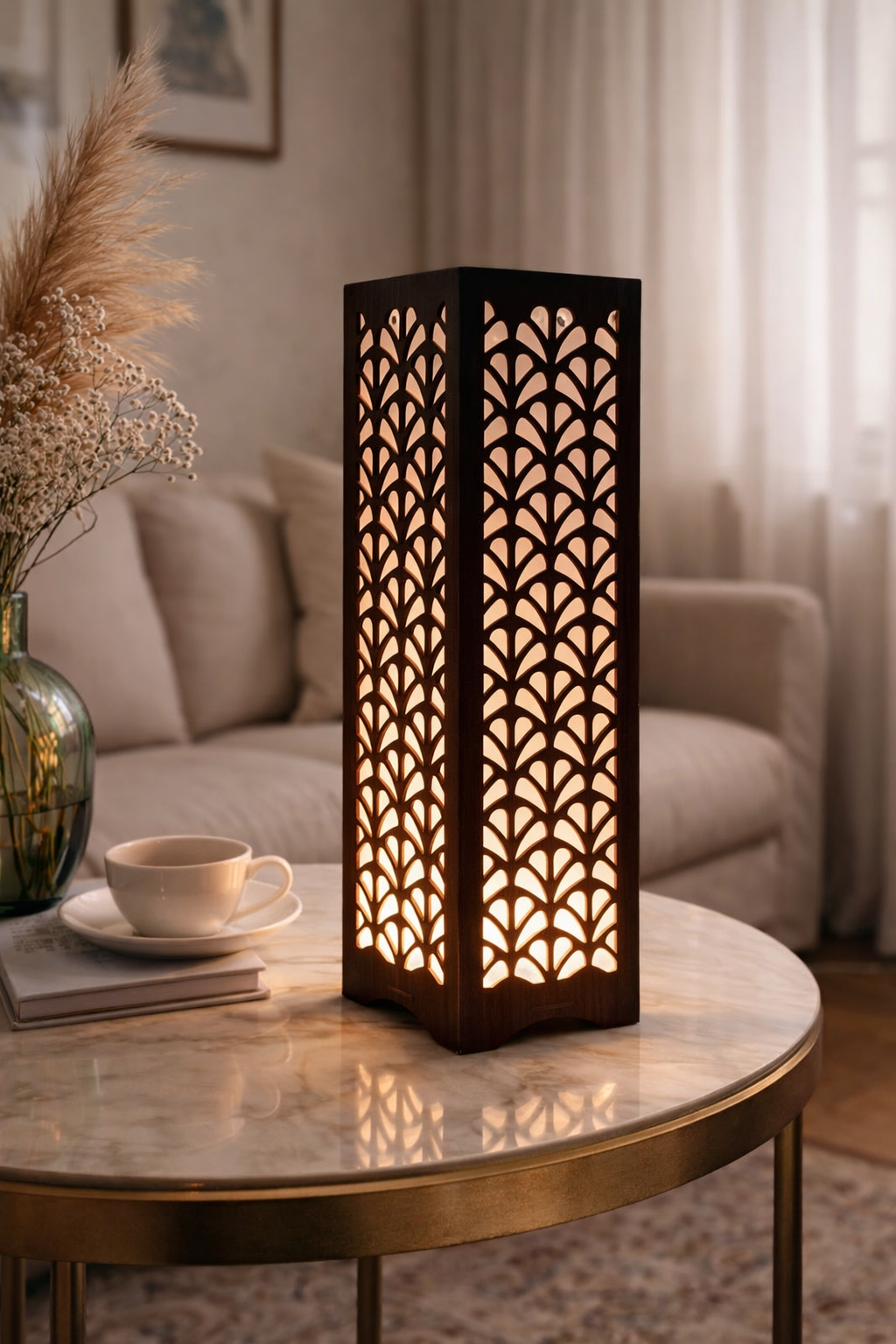 3D laser cut wooden table lamp with warm light on a bedroom table