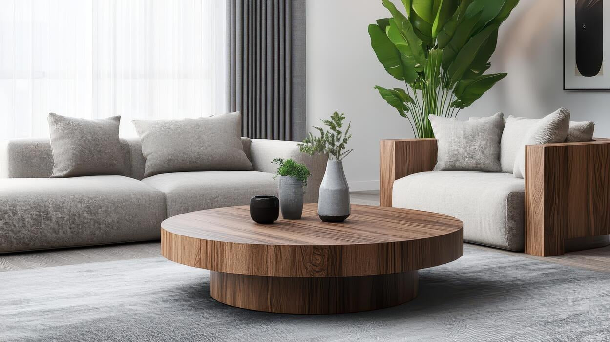 Modern living room with a wooden coffee table, gray sofa, and decorative plants.