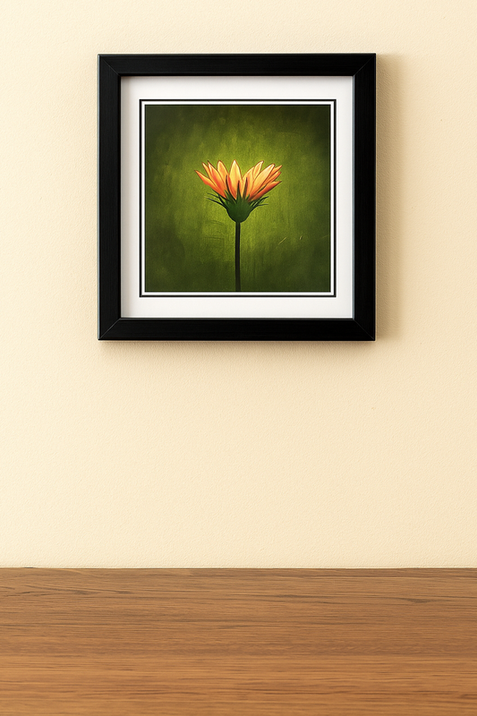 Framed orange flower print on green background, compact 8.5 x 8.5 inch wall art for home décor