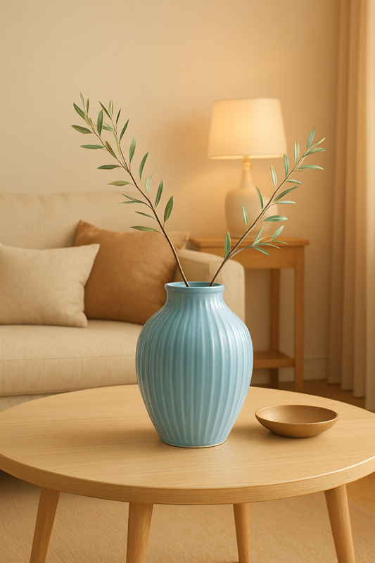 Blue ceramic vase with ribbed design and green branches, modern home décor accent for tables and entryways
