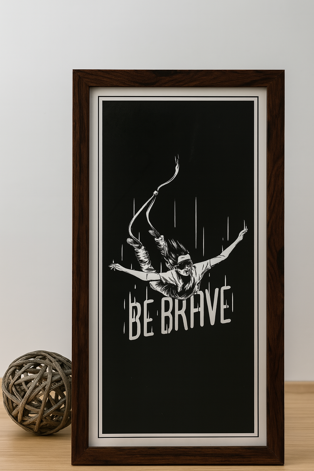 Framed motivational wall art with “Be Brave” text and illustration in black and white, wooden frame.