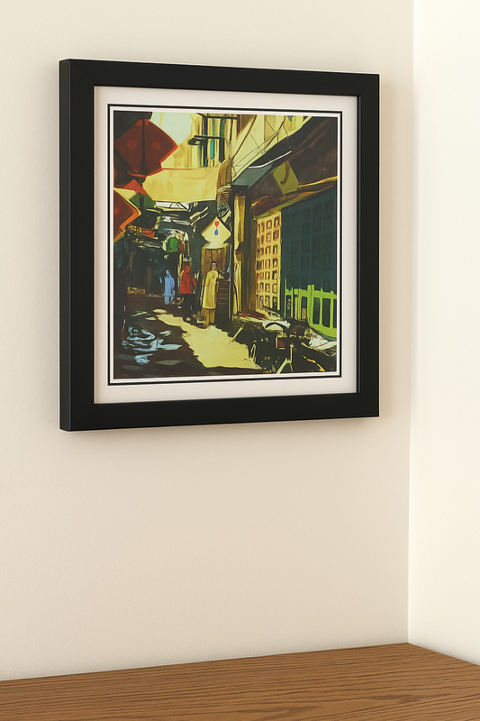 Framed photo print of colorful old Pakistani neighborhood with kite, man, and bike. Compact 8.5 x 8.5 inch wall art in wooden frame.