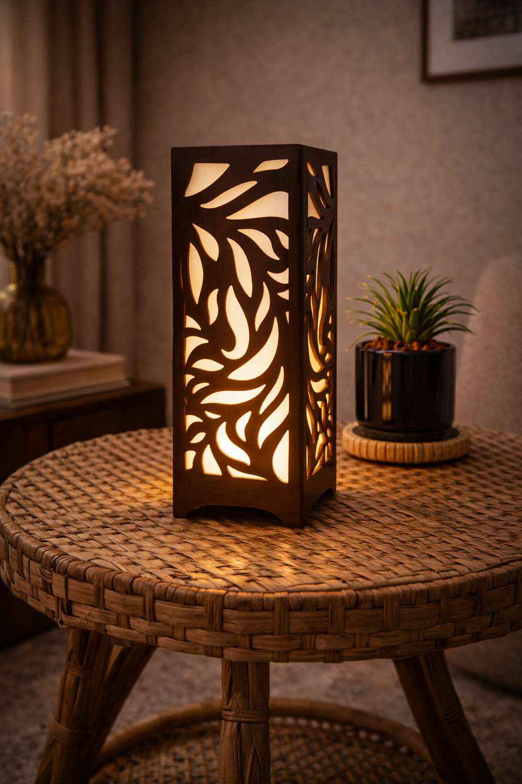 deep laser cut wooden table lamp with warm golden light on side table