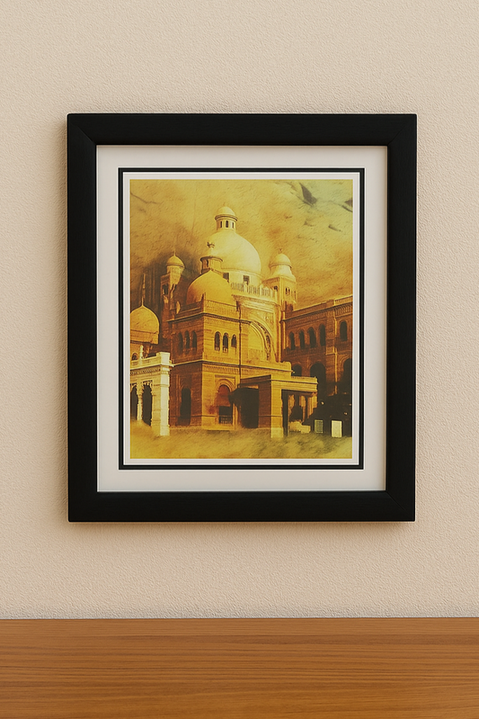 Framed photo print of a historic yellow mosque, compact 8.5 x 8.5 inch wall art in a wooden frame.