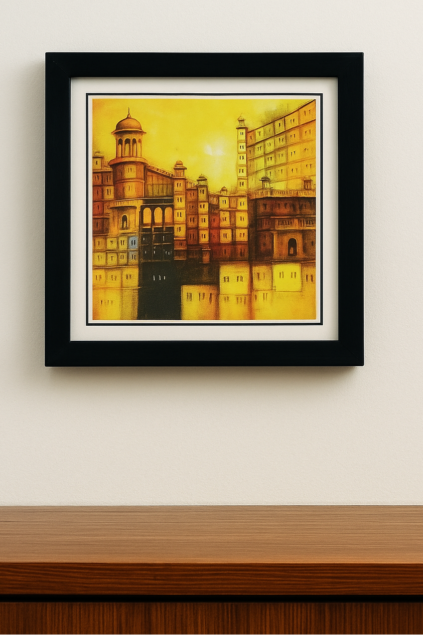 Framed photo print of historic old yellow buildings, compact 8.5 x 8.5 inch wall art in a wooden frame.