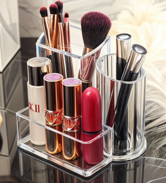 clear premium thick acrylic makeup organizer showing durability and shine