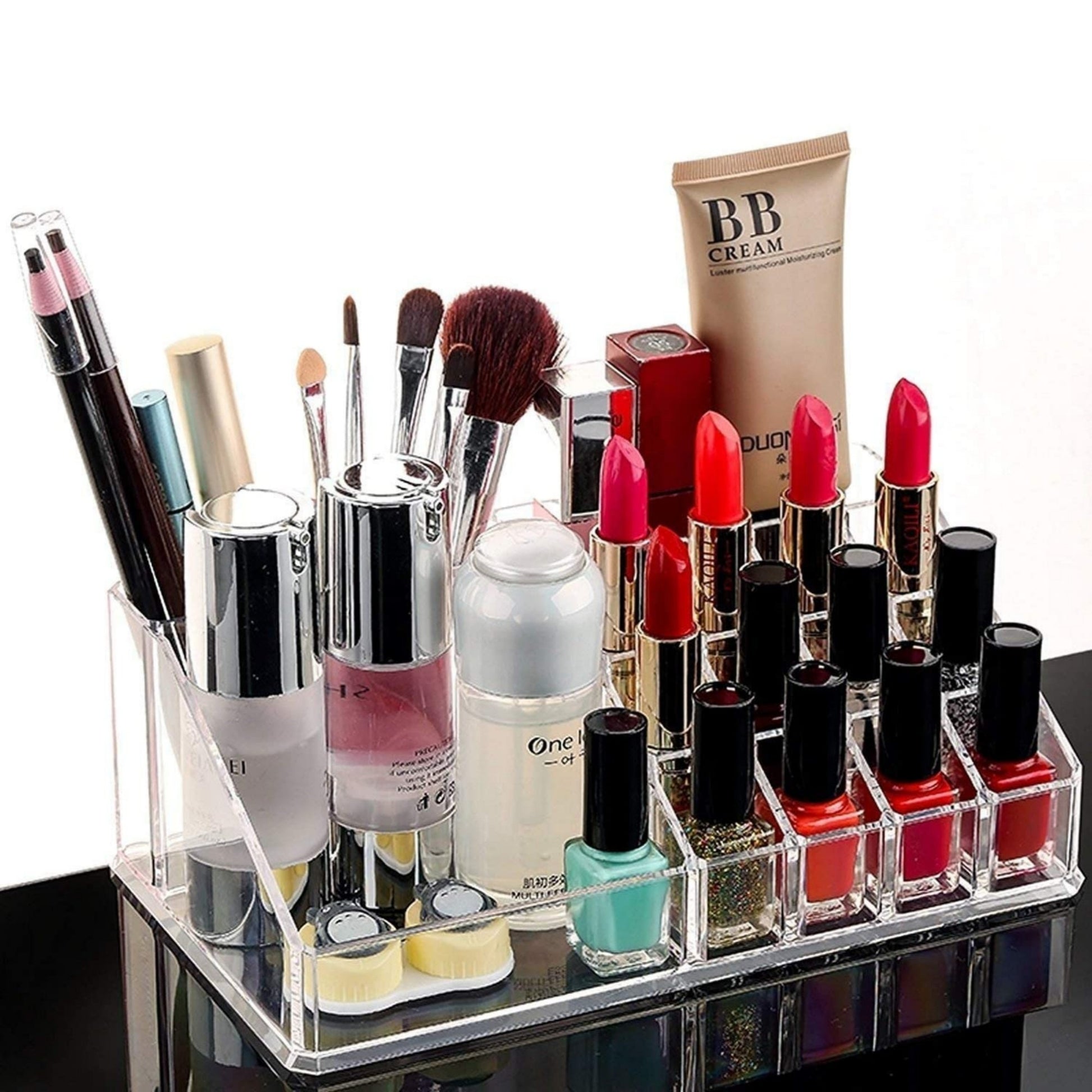 Clear makeup organizer on dressing table in Pakistan