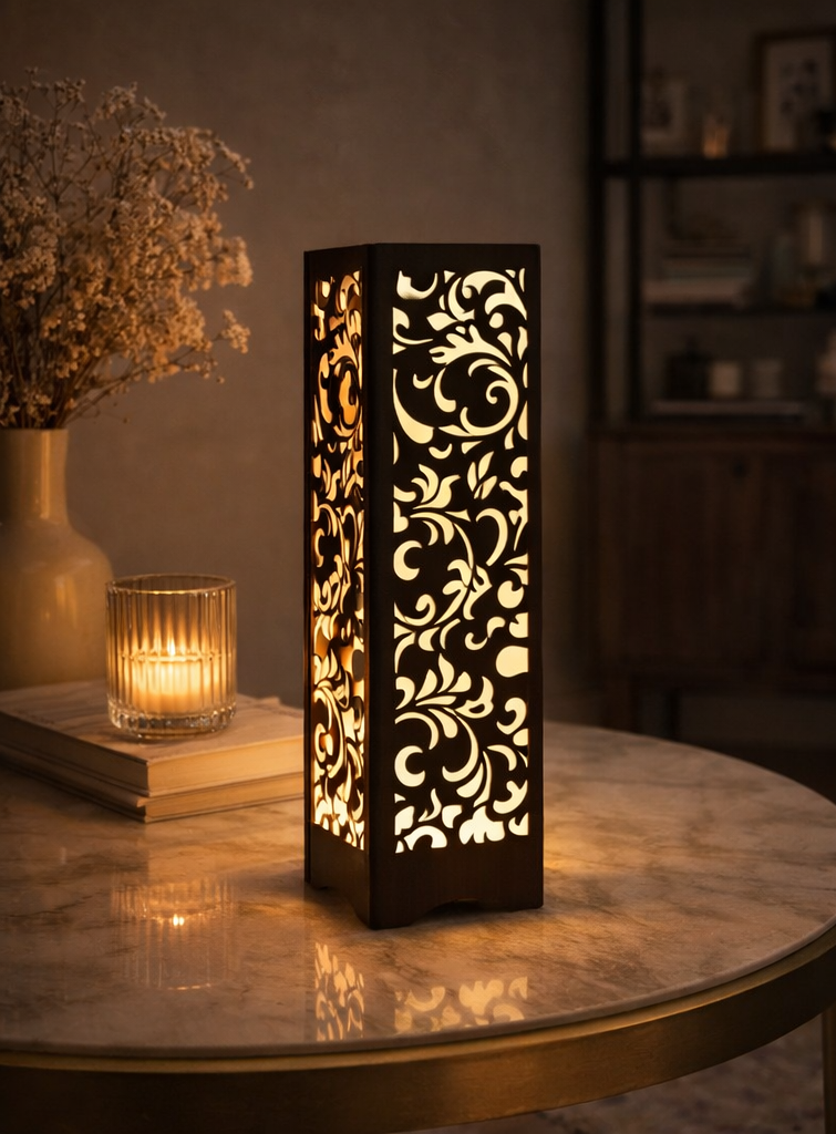 modern wooden lamp with laser cut decorative design in living room