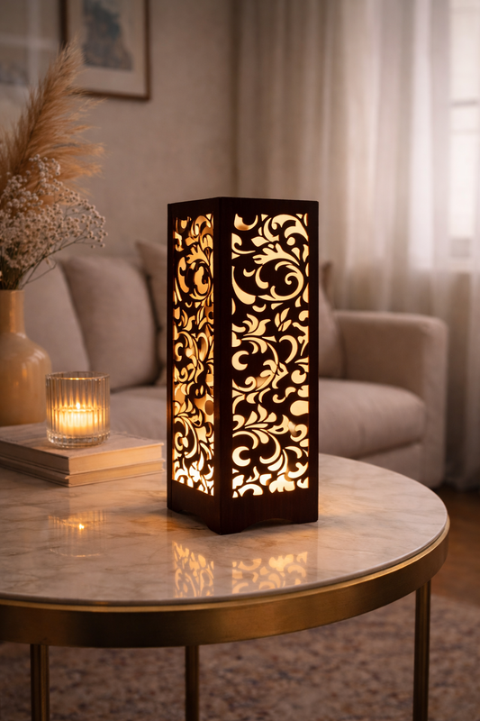 Decorative table lamp with intricate cut-out design on a marble table in a living room setting.