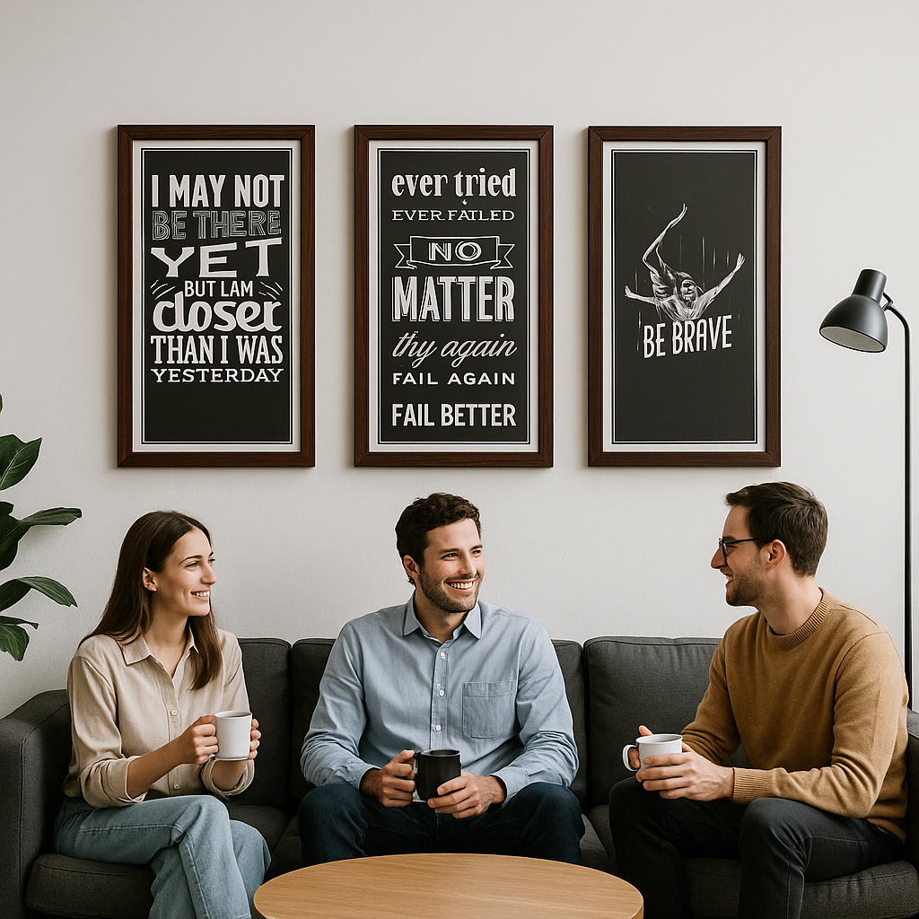 Set of three framed motivational wall art prints in black and white, hanging above a desk with lamp and notebook.