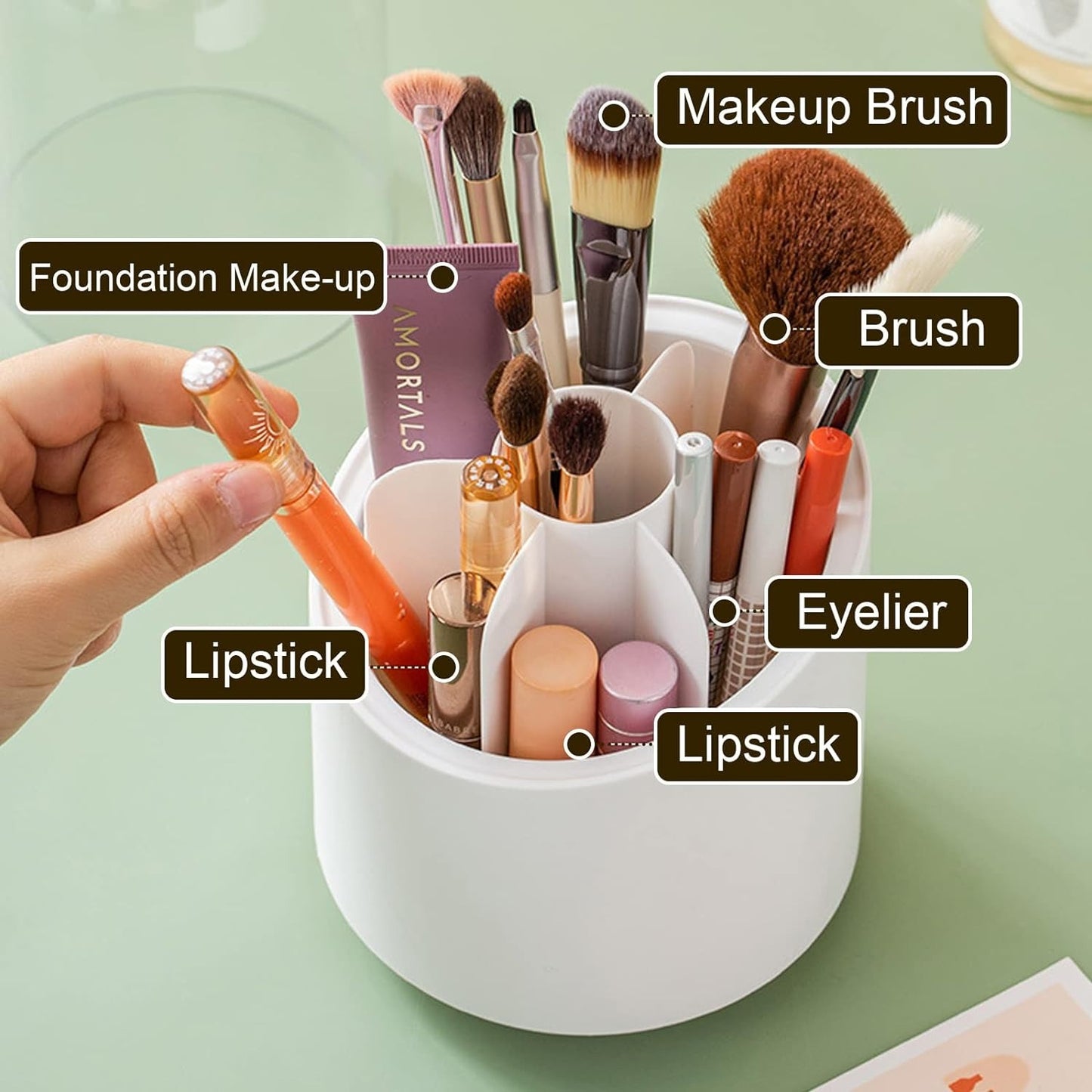 rotating cosmetic organizer with makeup brushes and tools