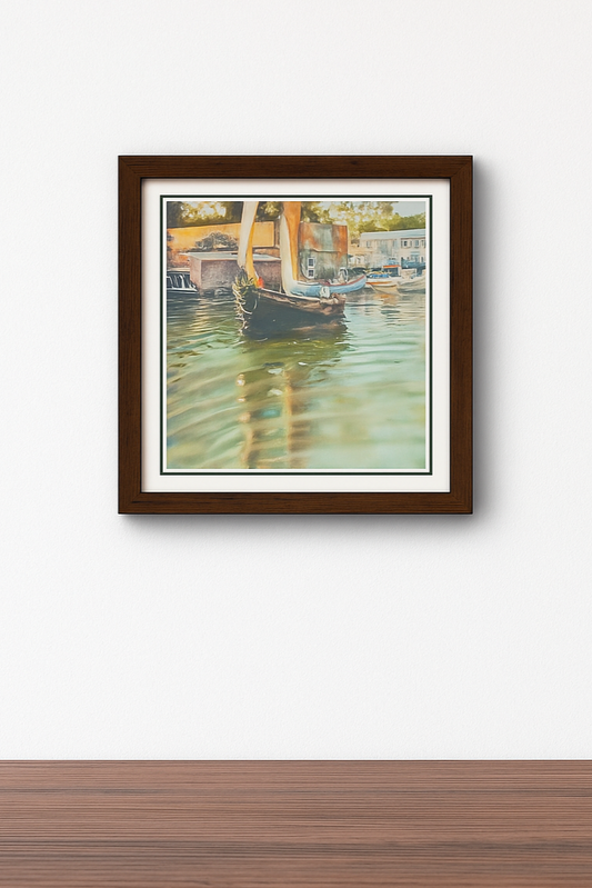 Framed photo of a sailboat in a harbor with beige sails, compact 8.5 x 8.5 inch wall art in a wooden frame.