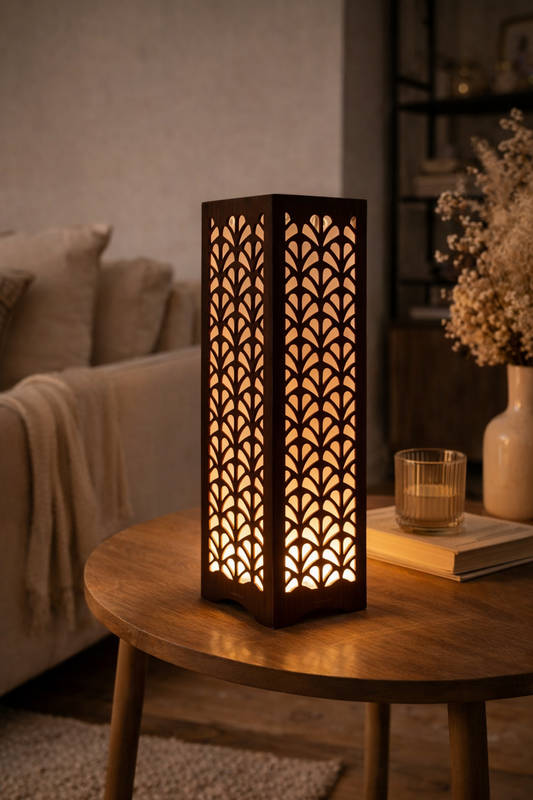 wooden decorative lamp on bedside table creating cozy ambience